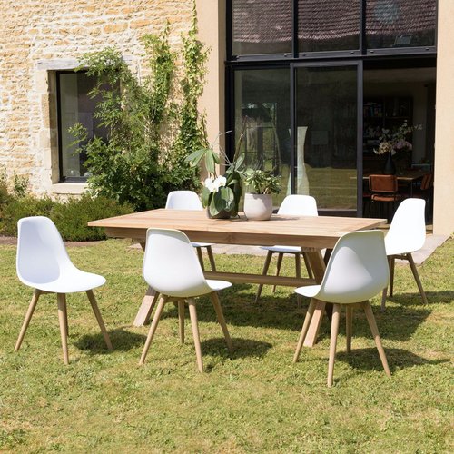 Salon de jardin 1 table teck 180x100 cm - 6 chaises blanches pieds
