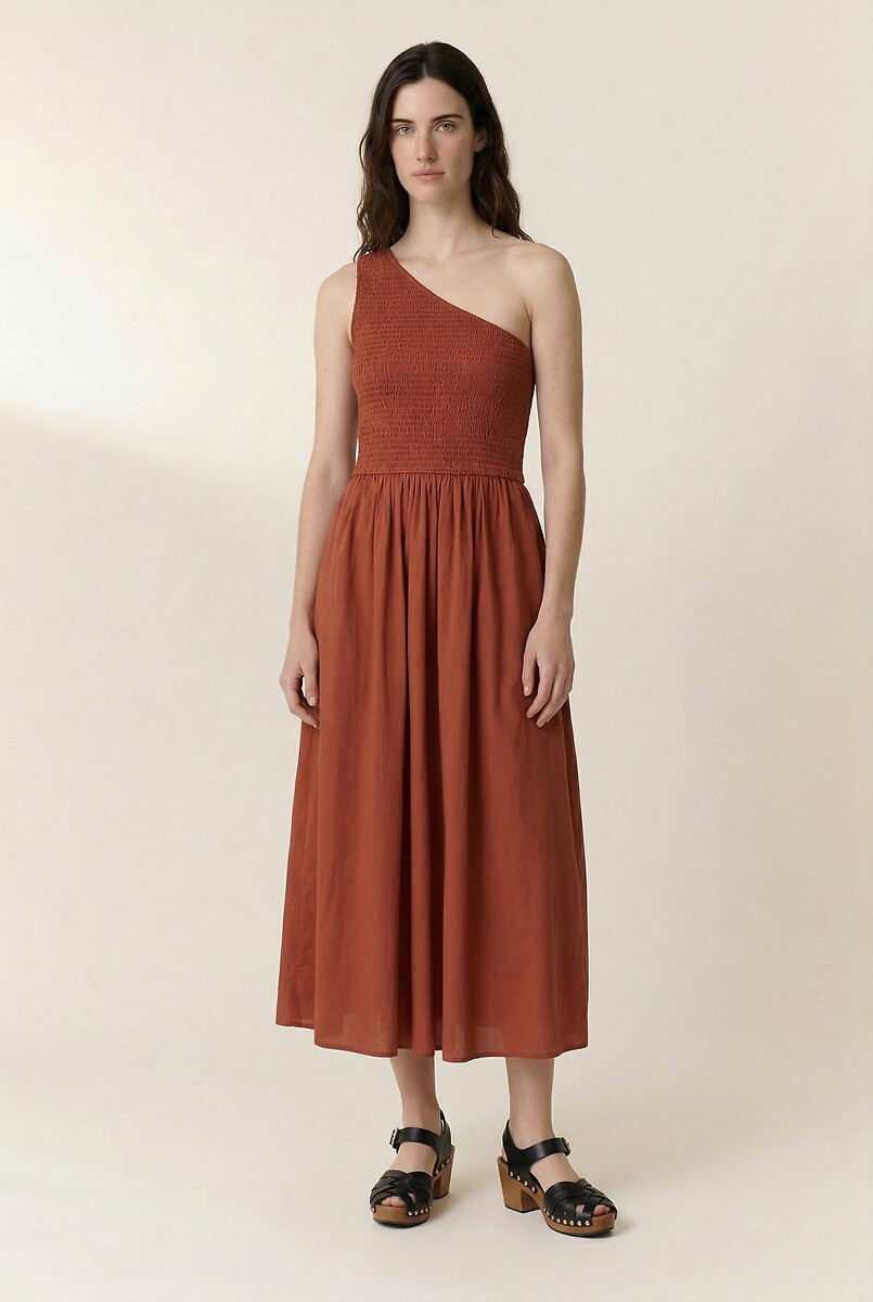 Robe asymétrique midi smockée évasée, RAHUL, LEON & HARPER