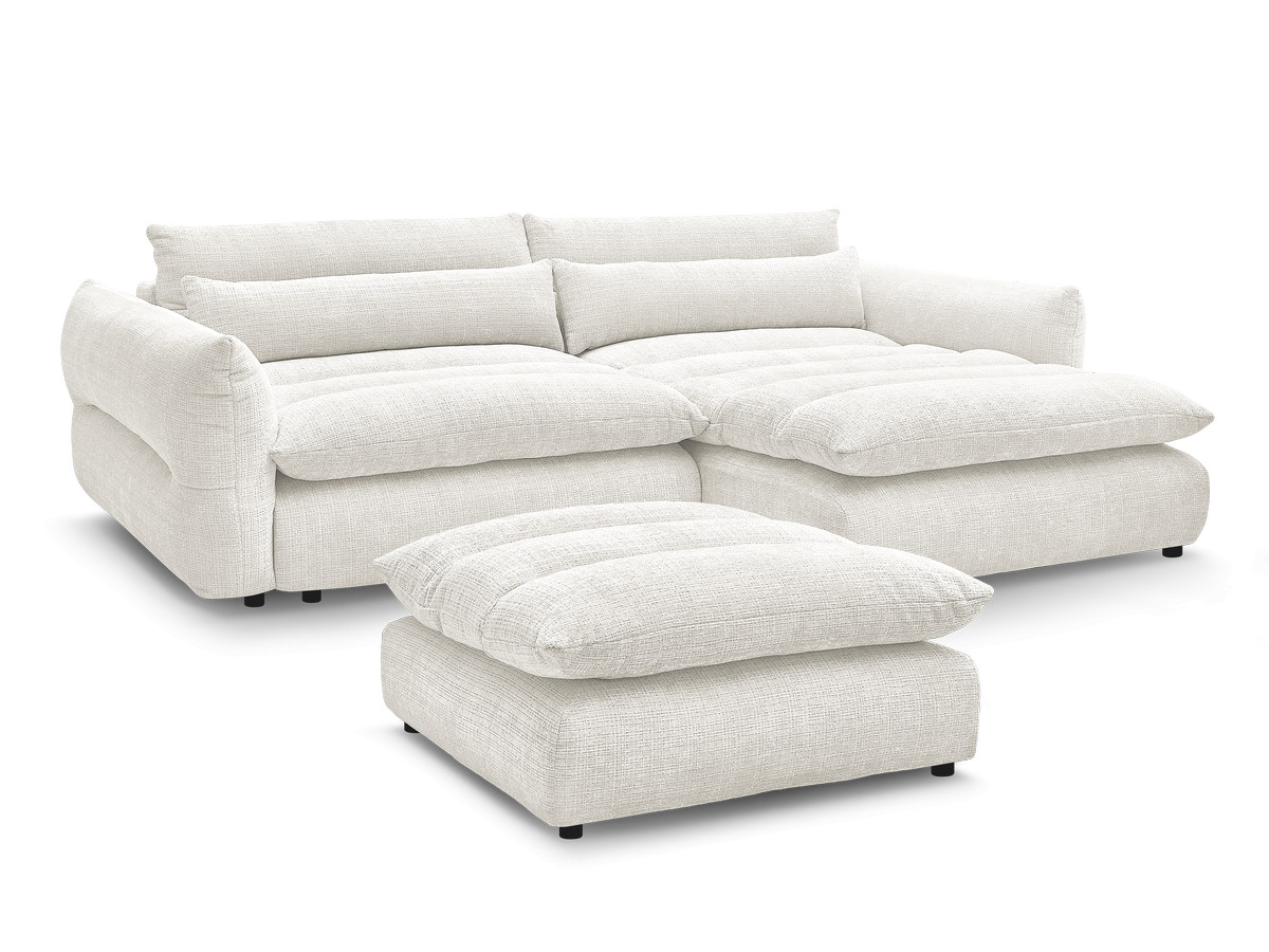Canapé d'angle fixe 3 places en tissu texturé avec pouf, NEIL, BOBOCHIC