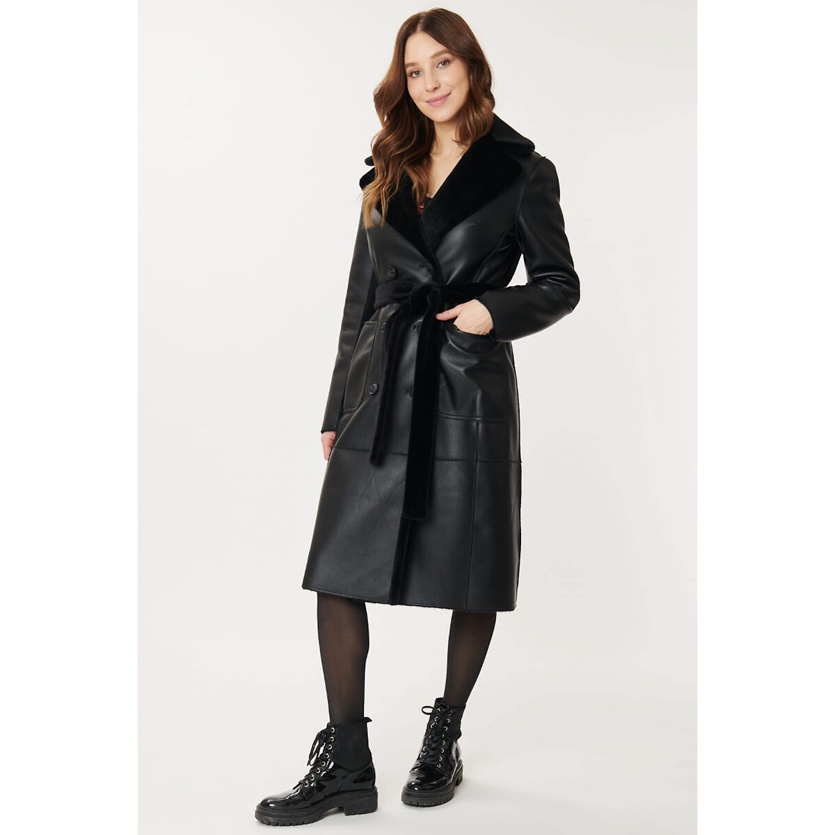 Long Winter Coat in Faux Leather with Button Fastening