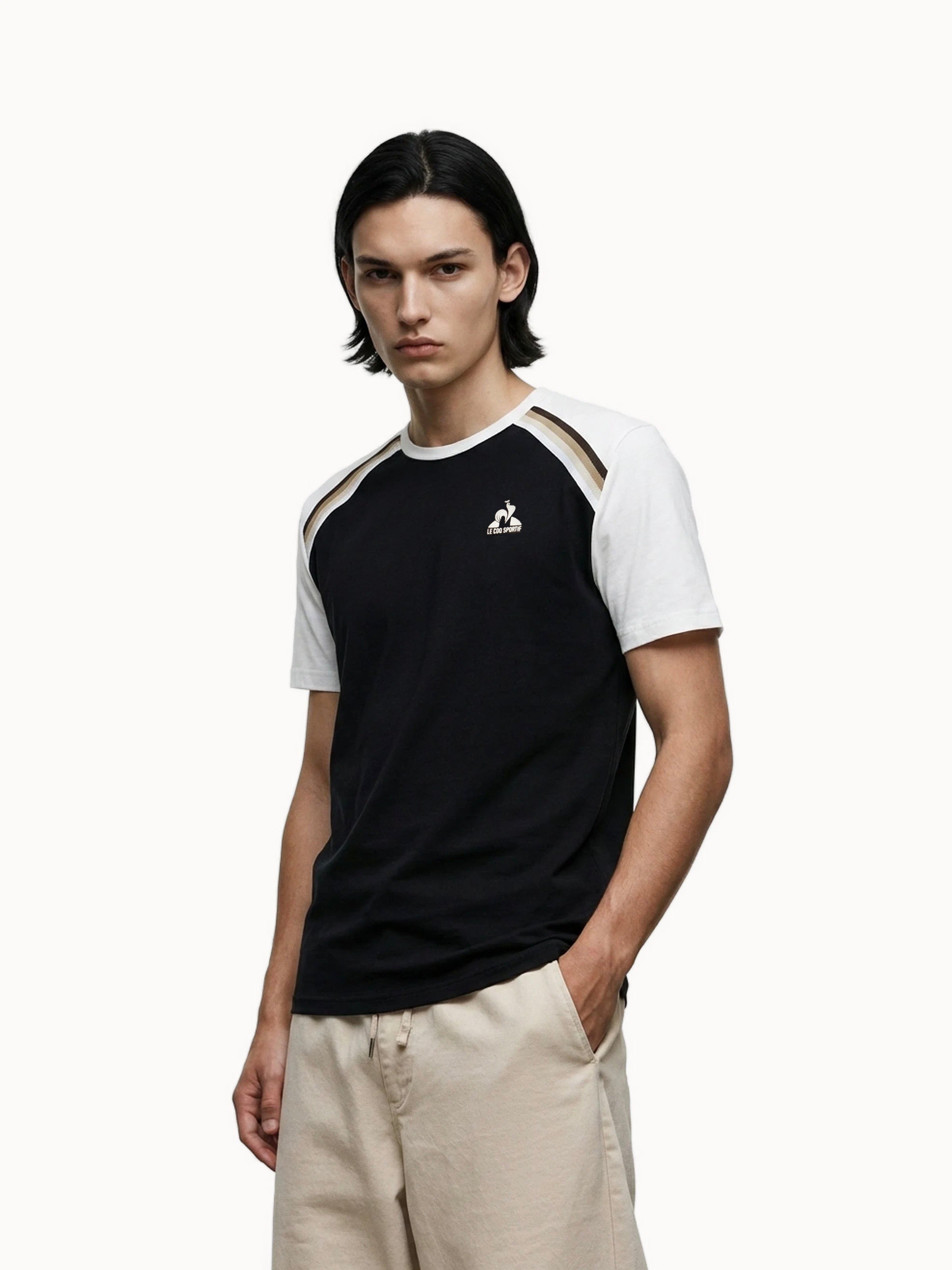 T-shirt en jersey de coton avec bandes rayées épaules Heritage, LE COQ SPORTIF