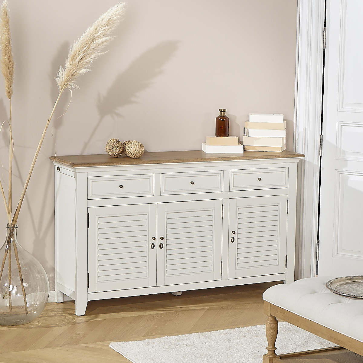 Buffet style shabby chic, plateau en chêne, 3 tiroirs, 3 portes EDEN, ROBIN DES BOIS