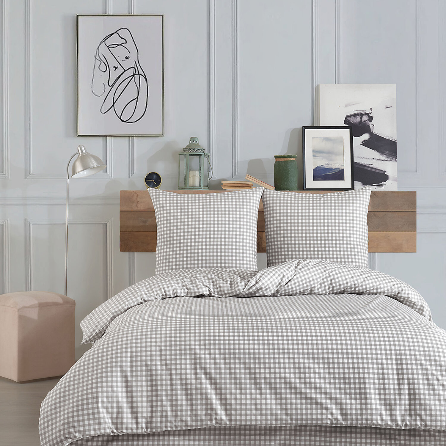 Parure Housse de couette 3 pcs 240x220 cm 100% coton 57 fils imprimé."Vichy gris", C DESIGN HOME TEXTILE