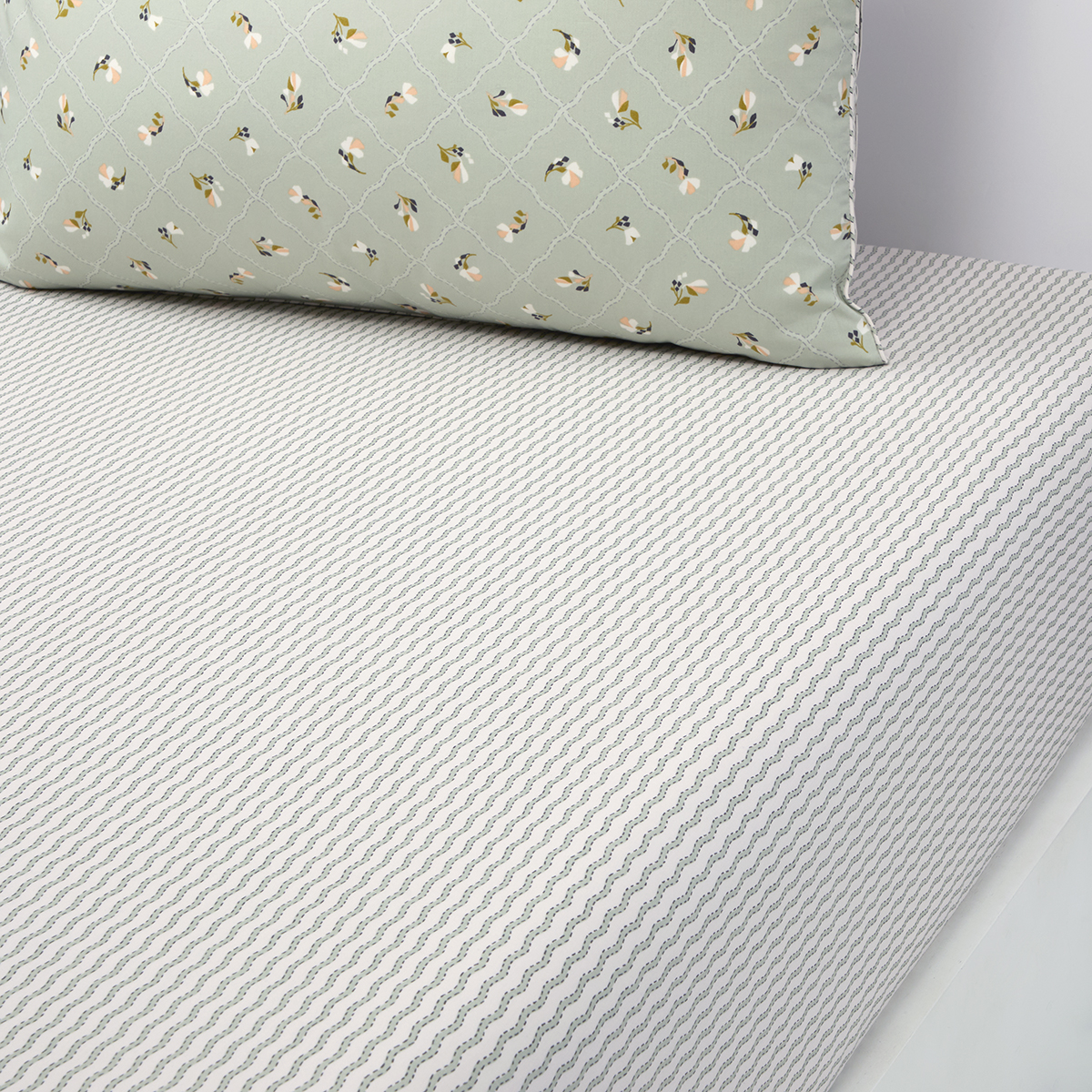 Drap housse en percale de coton vert, BERGAMOTE, DESFORGES