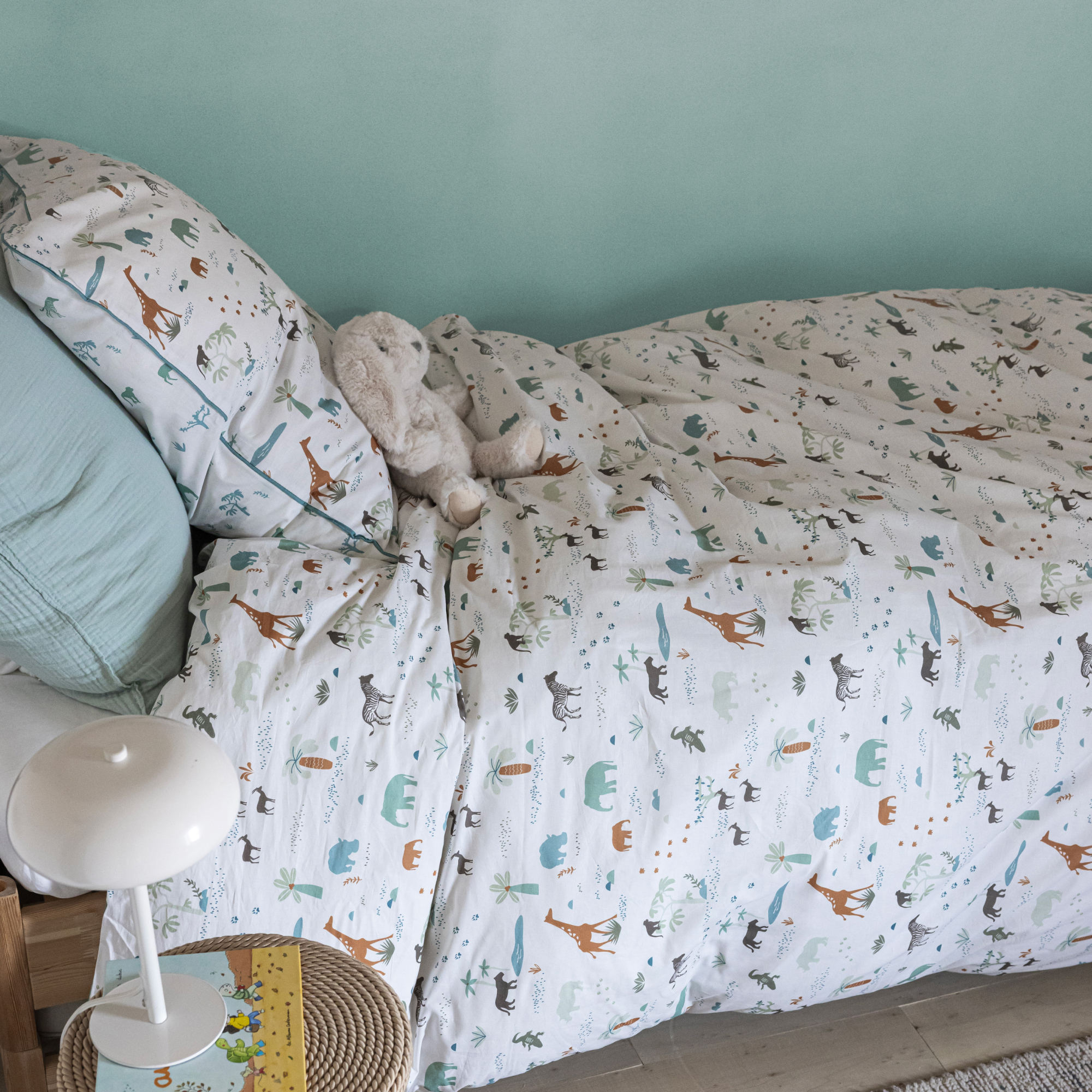 Parure de lit enfant 100% coton, SAFARI, BLANC CERISE