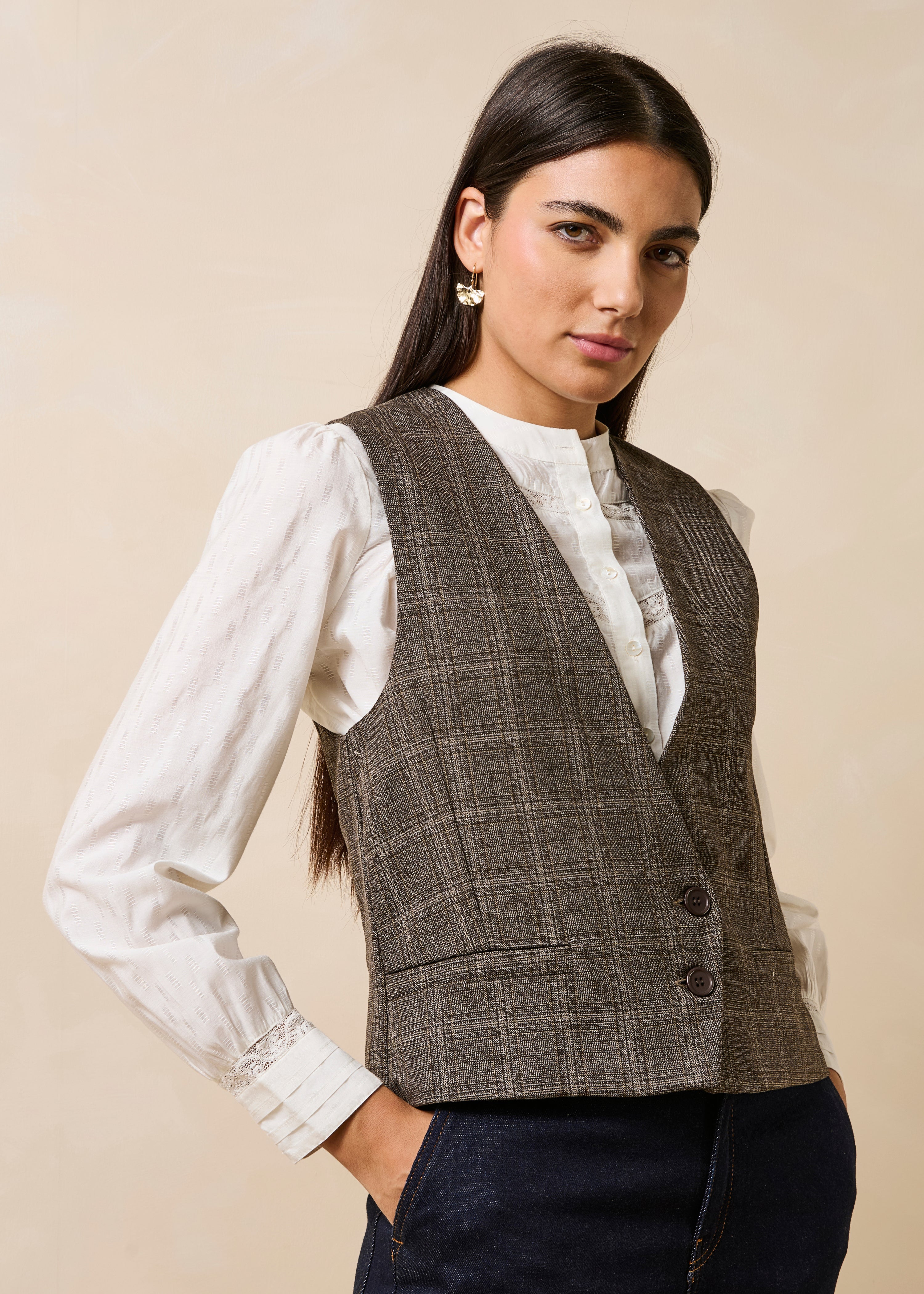 Veste sans manches col V à carreaux, LA FEE MARABOUTEE