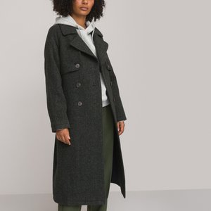 Manteau long en drap de laine, motif chevrons