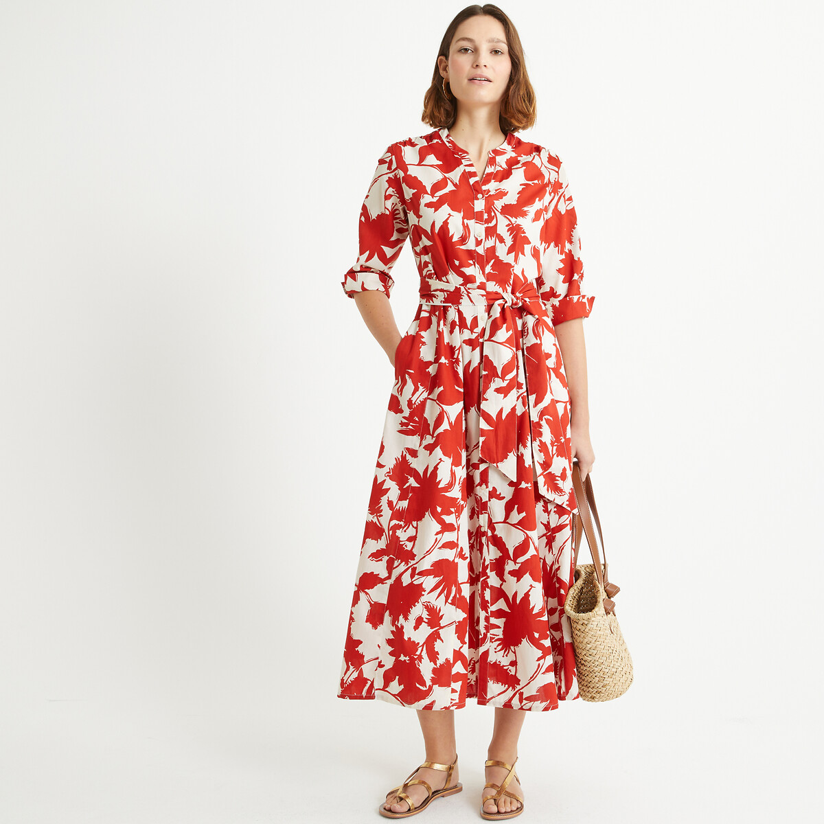 Image of Floral Cotton Midaxi Dress with Short Sleeves
