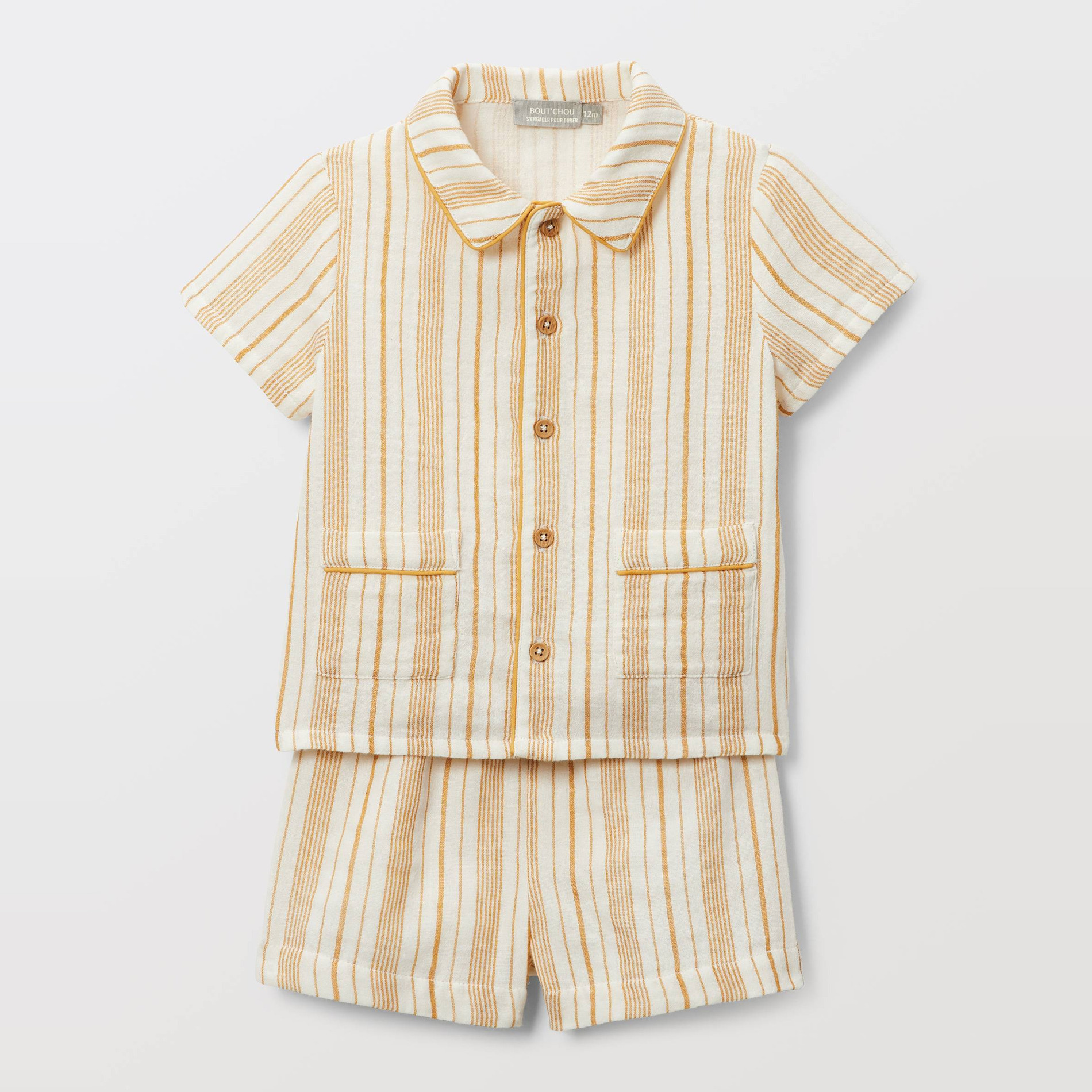 Ensemble chemise manches courtes et short rayés en gaze de coton BIO GOTS, BOUT'CHOU