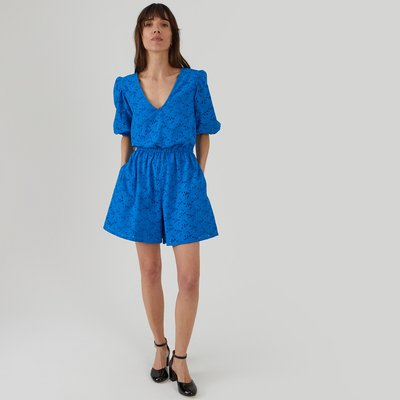 Cotton Broderie Anglaise Playsuit with Puff Sleeves LA REDOUTE COLLECTIONS