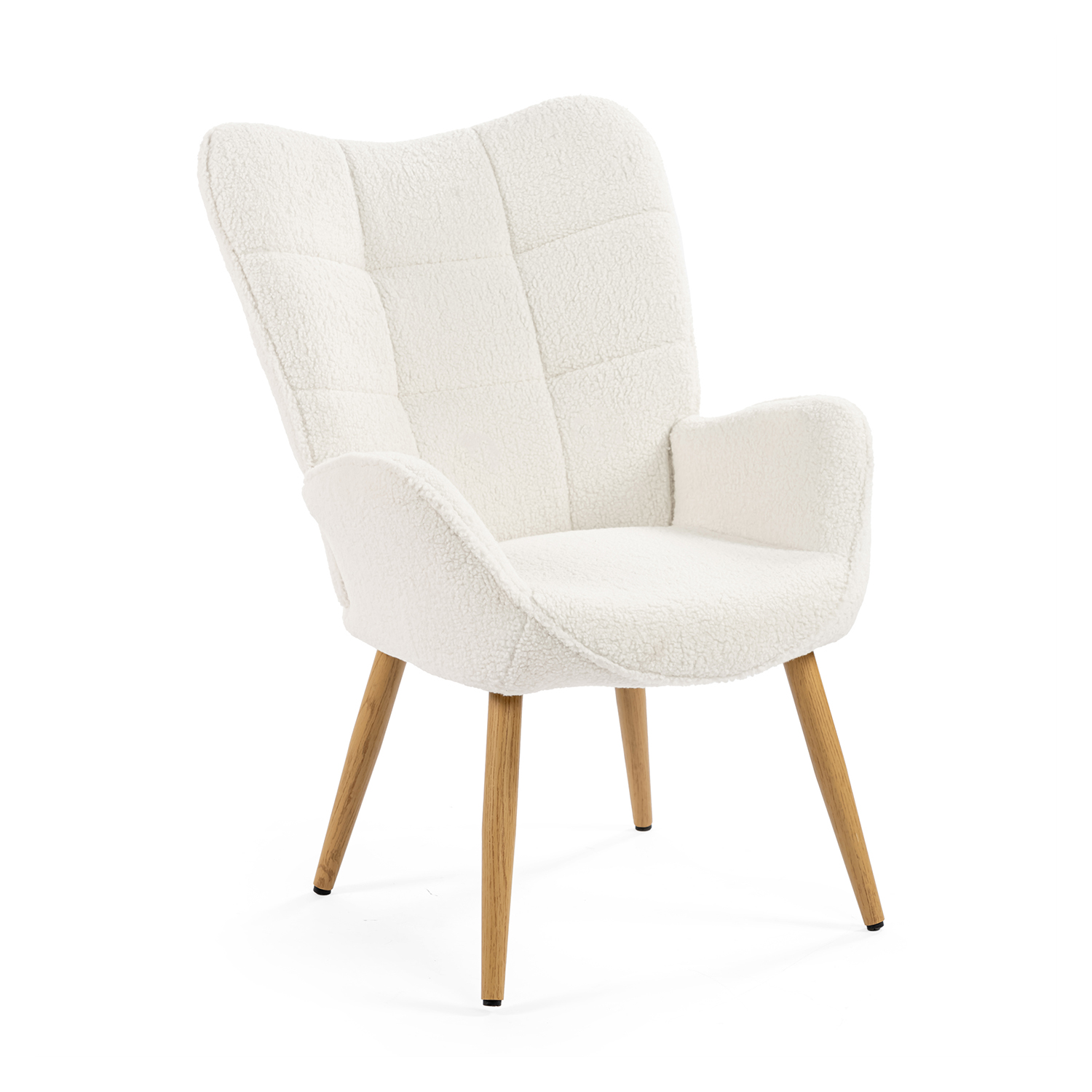 Fauteuil confortable bas style scandinave dossier moyen en bouclette assise confortable pieds métal effet bois, KANAS, MEUBLES COSY