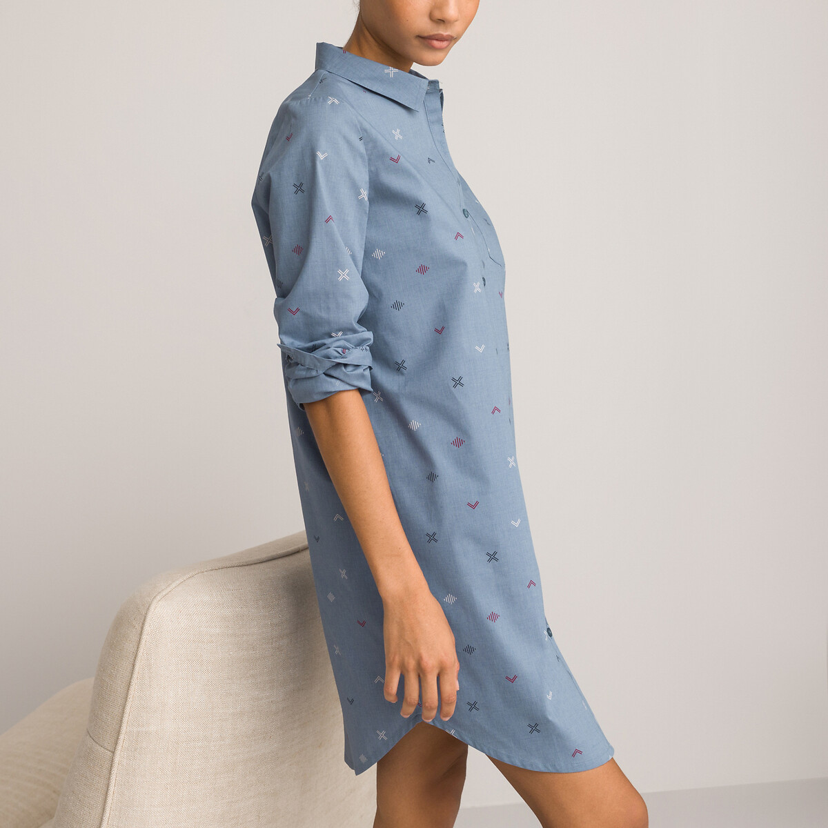 Printed Chambray Nightshirt in Cotton Mix