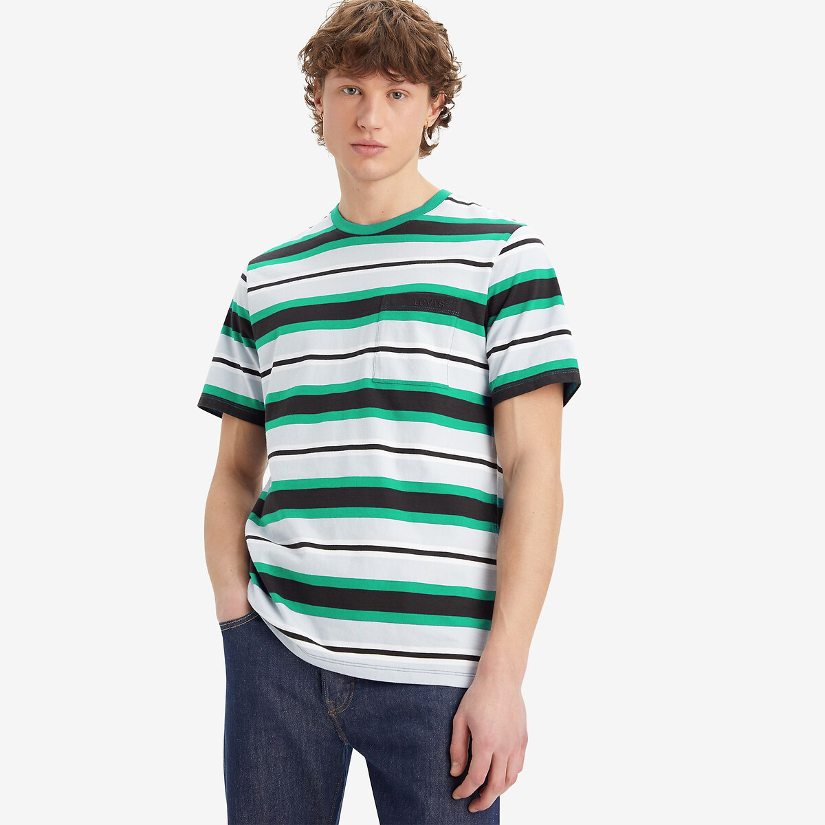 striped cotton pocket t-shirt in relaxed fit with crew neck