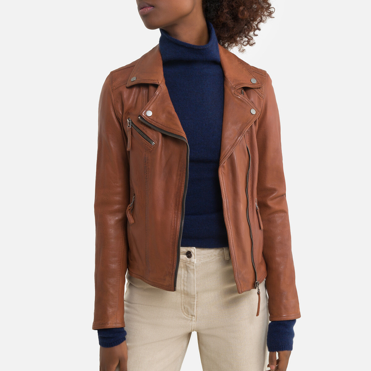 Short Zip-Up Biker Jacket in Leather