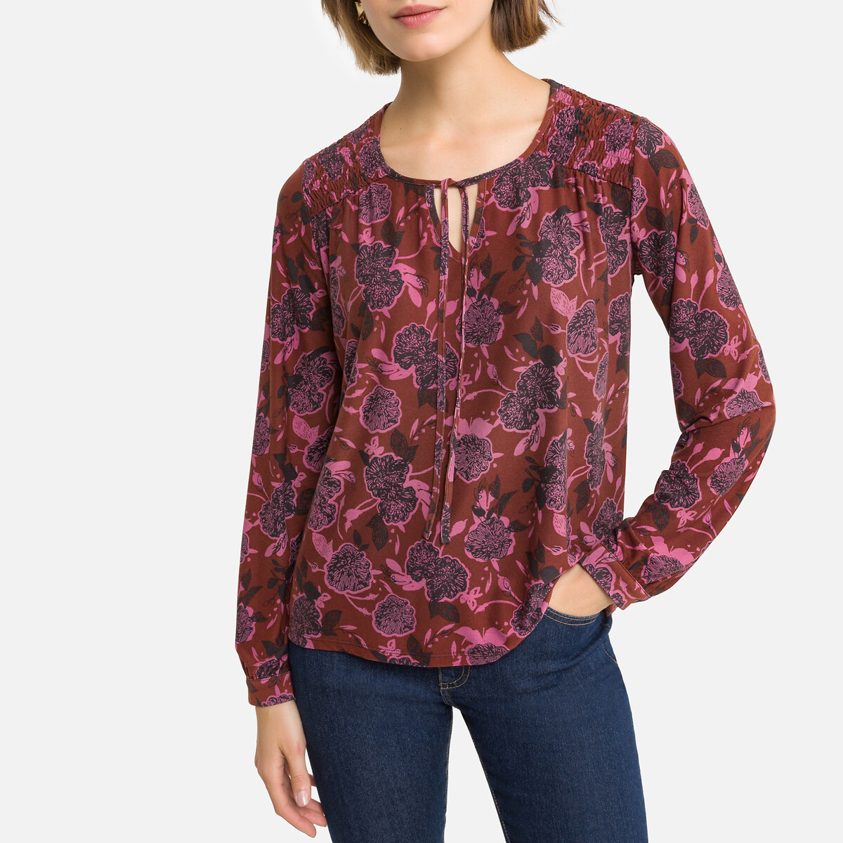Printed V-Neck T-Shirt with Long Sleeves