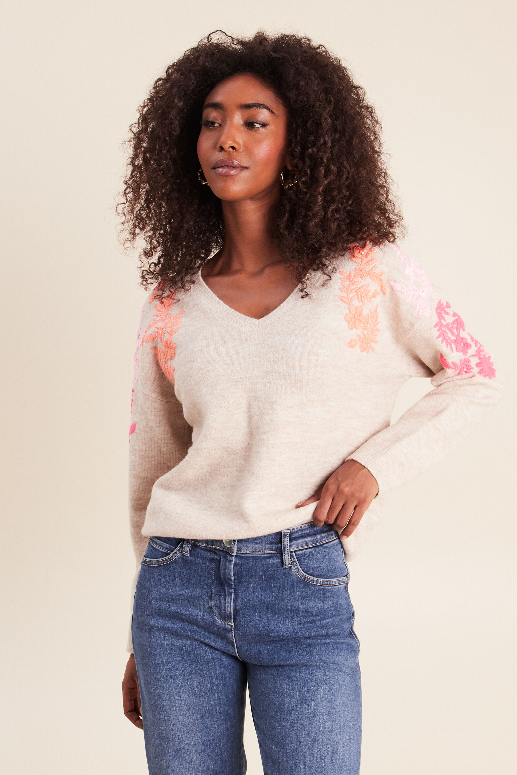 Pull col v avec broderie, BREAL