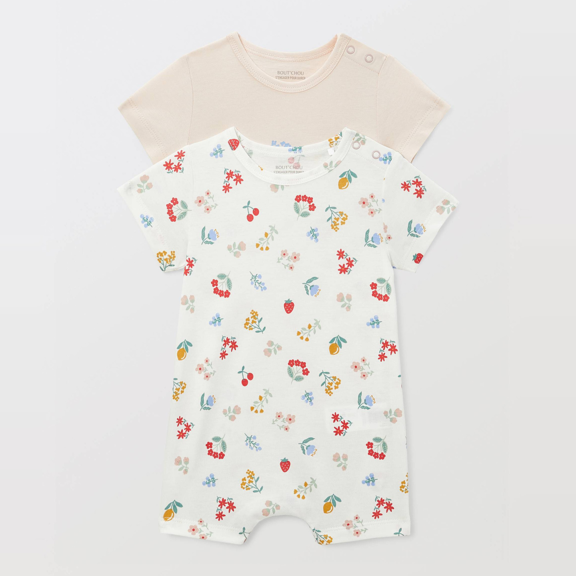 Lot de 2 combinaisons courtes imprimées en coton BIO GOTS, BOUT'CHOU