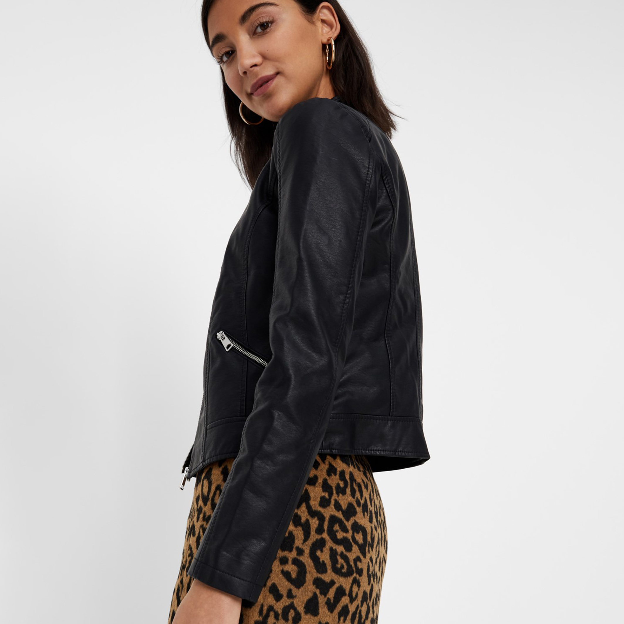 Short Faux Leather Jacket with High-Neck