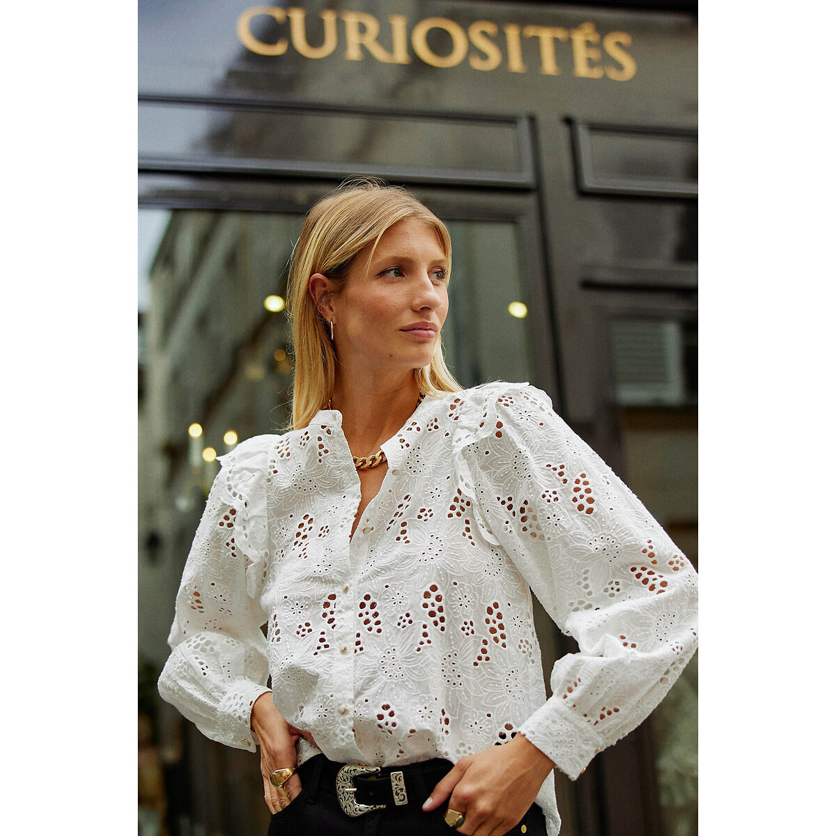Arsine Broderie Anglaise Blouse in Cotton with Ruffles