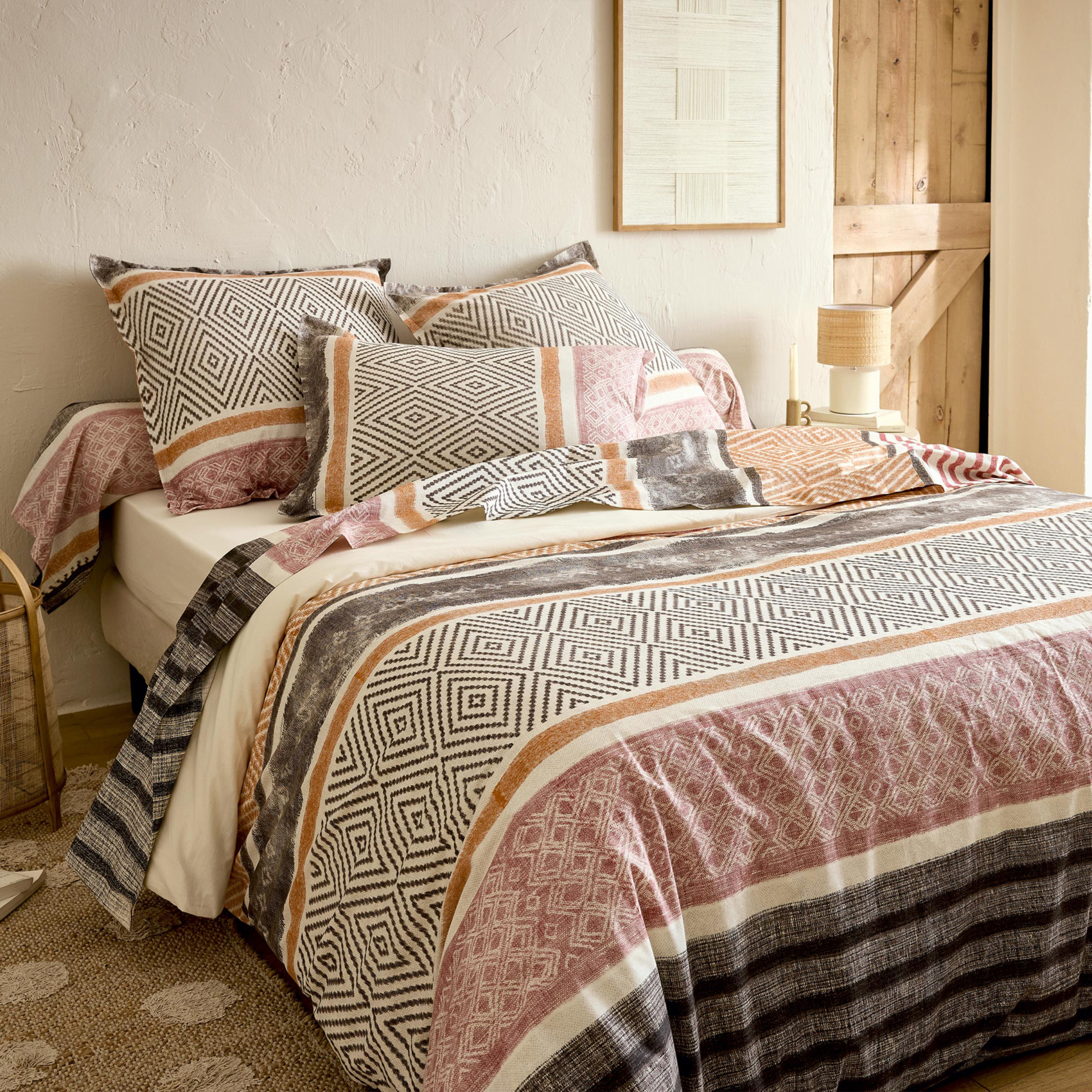 Parure de lit 3 pièces coton motif géométrique housse + taies, TRADILINGE