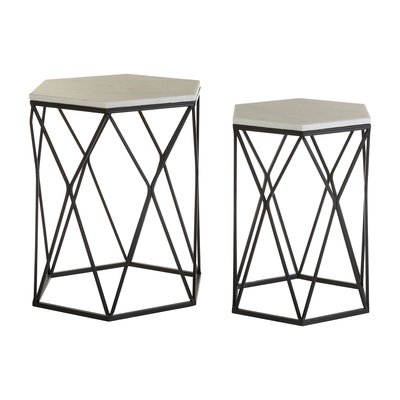 Set of 2 Hexagonal Side Tables in White Marble and Black Steel SO'HOME