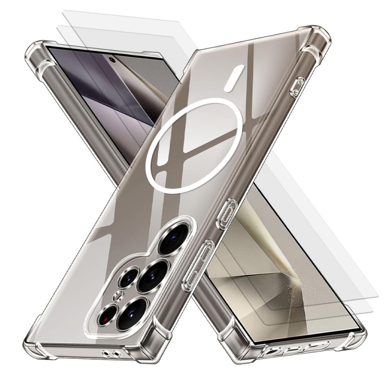 Coque Anti-choc Magnétique compatible Magsafe pour Galaxy S24 Ultra Transparente + 2 vitres, EVETANE