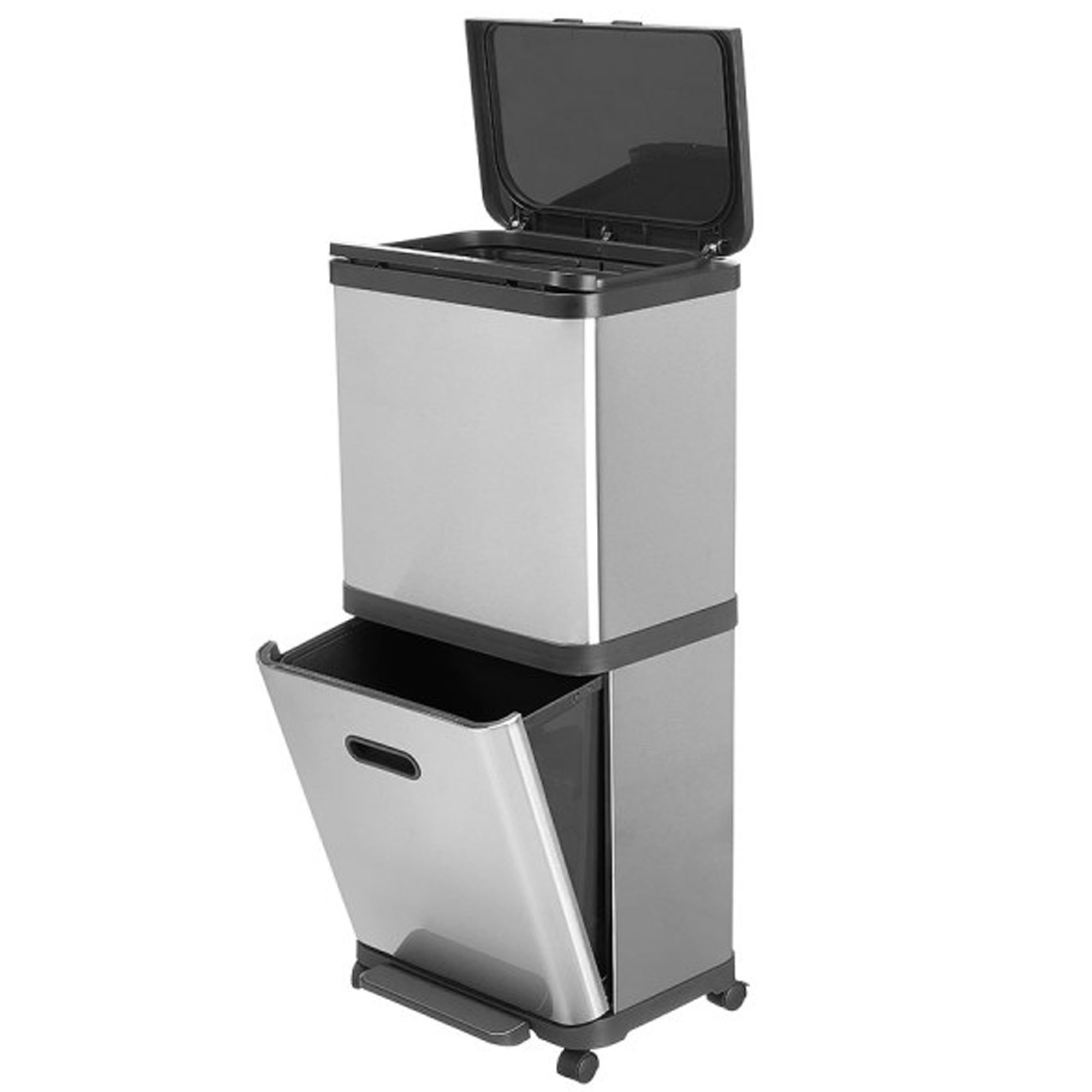 Poubelle de tri double compartiment Inox sur roulettes 25x35x75cm, WADIGA