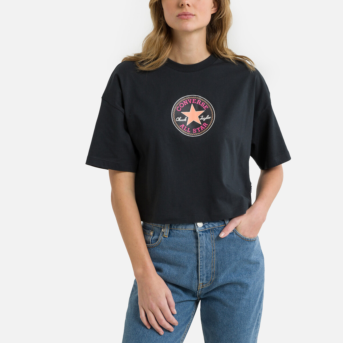 Chuck patch boxy cropped t-shirt in cotton, black, Converse | La Redoute