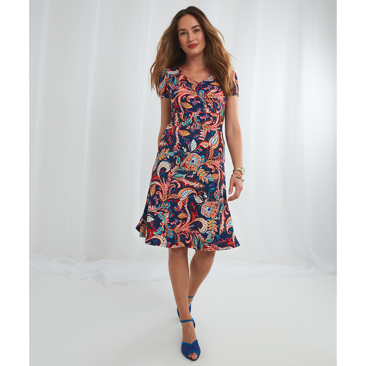 Printed wrapover mini dress with fitted ...