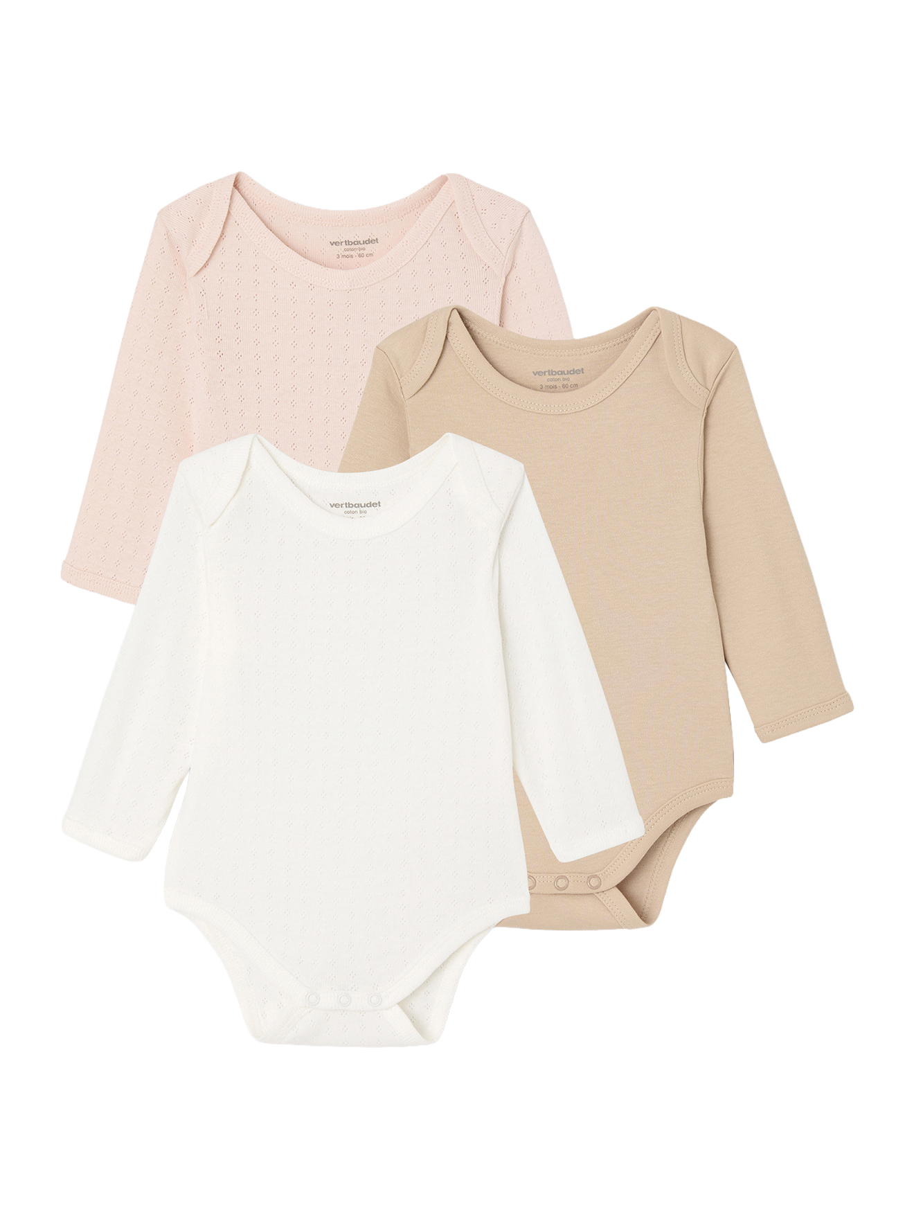 Lot de 3 bodies naissance en maille pointelle et interlock, VERTBAUDET