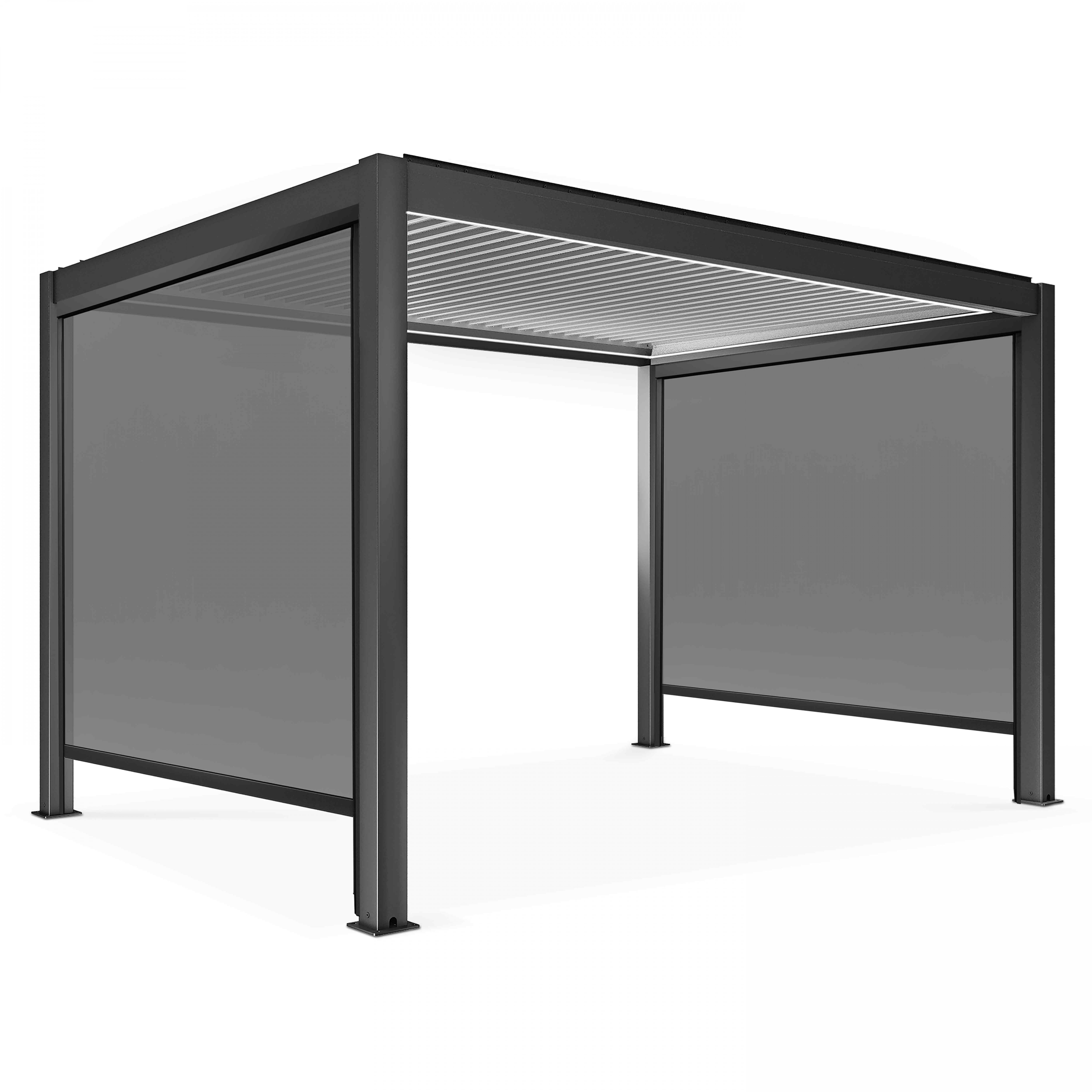 Pergola bioclimatique autoportée motorisée éclairée 3x4m et 2 stores, OVIALA