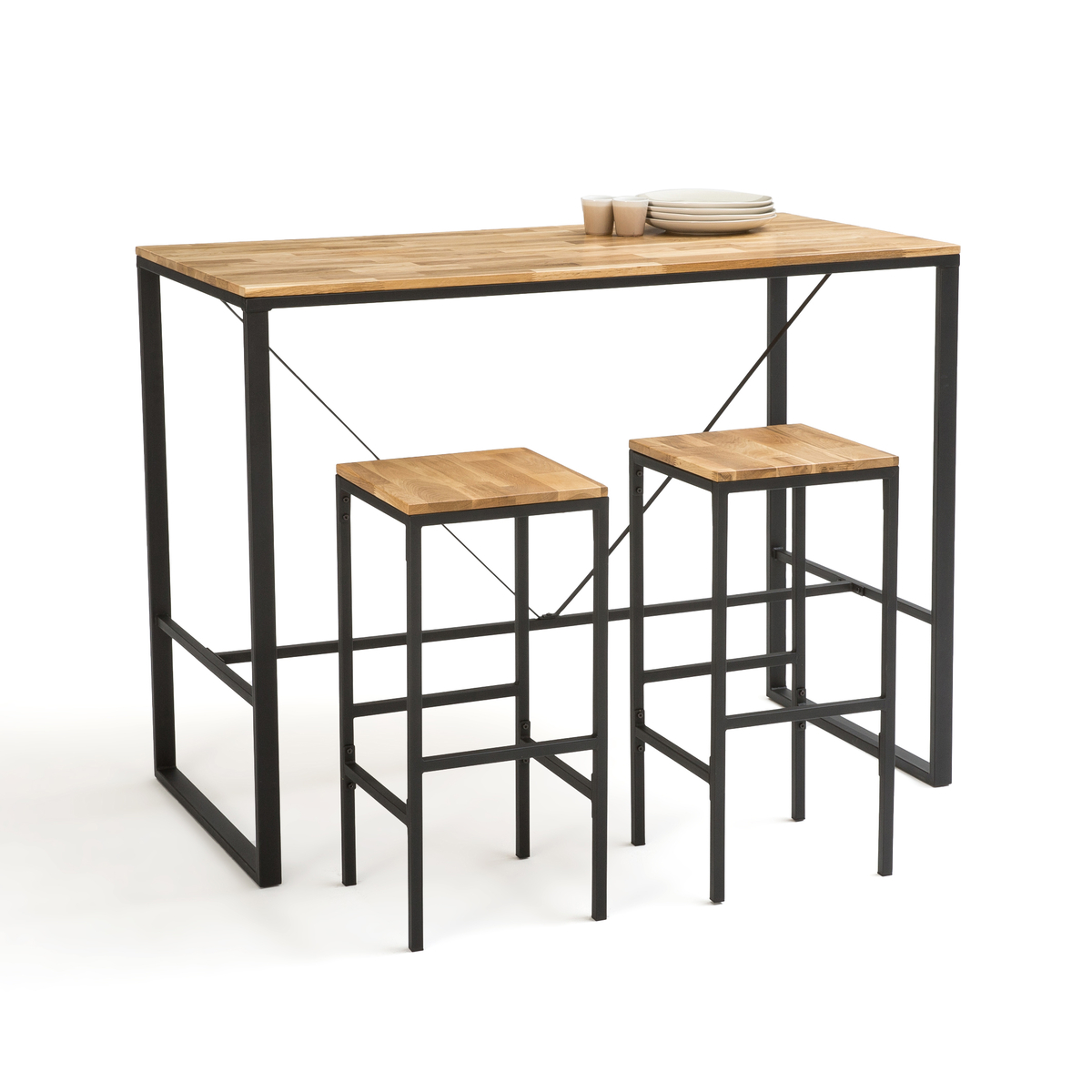 Product photograph of Set Of 2 Hiba High Bar Stools In Solid Oak And Steel from La Redoute UK.