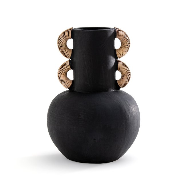 Vase décoratif en céramique et rotin H41,5 cm Kuro Couleur noir <span itemprop=