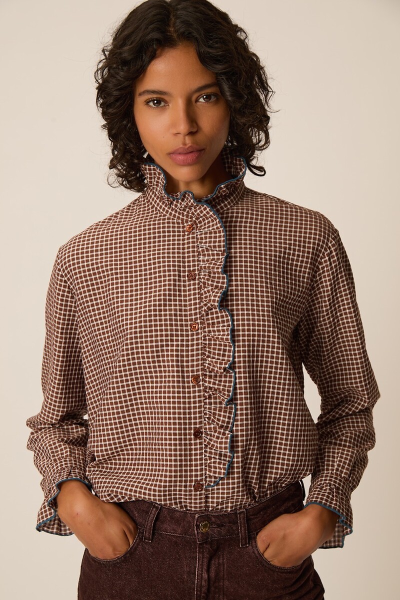 Geruite blouse met opstaande kraag en ruches, SULLI, DES PETITS HAUTS