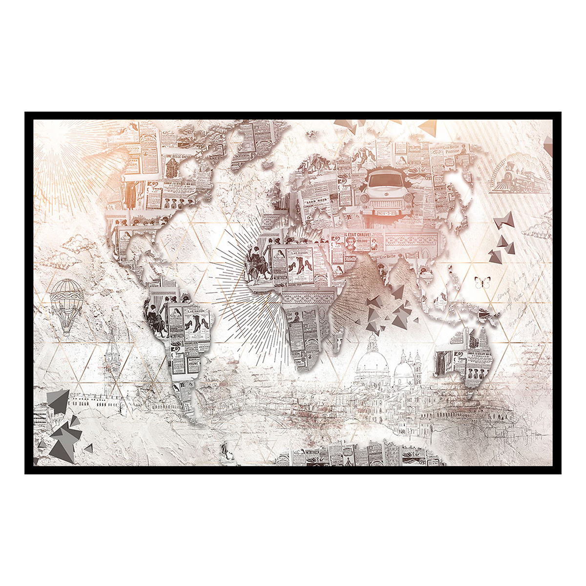 Affiche encadrée carte du monde vintage collage, HEXOA