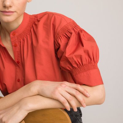 Блуза из органического хлопка с воротником-стойкой и короткими рукавами LA REDOUTE COLLECTIONS