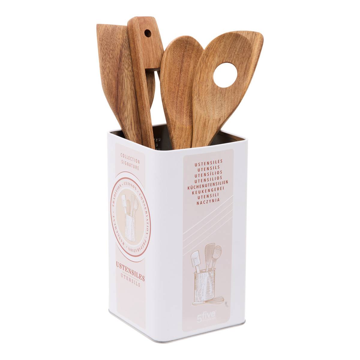 Set de 4 ustensiles de cuisine en acacia avec pot, 5FIVE SIMPLY SMART