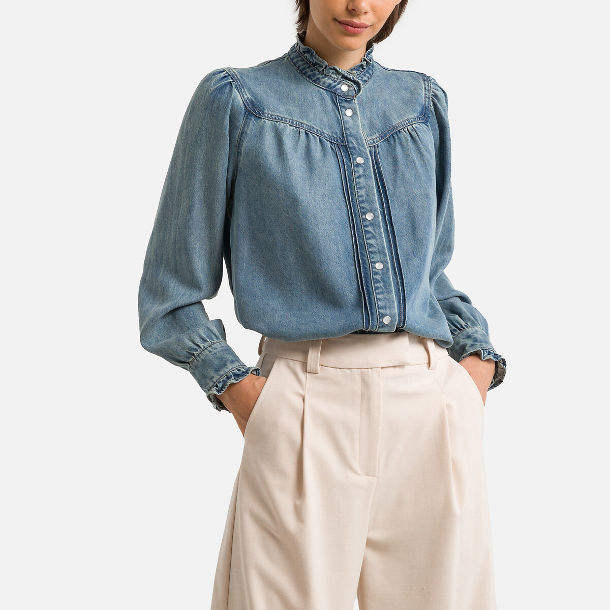 Laura Denim Ruffled Shirt with Mandarin Collar and Long Sleeves