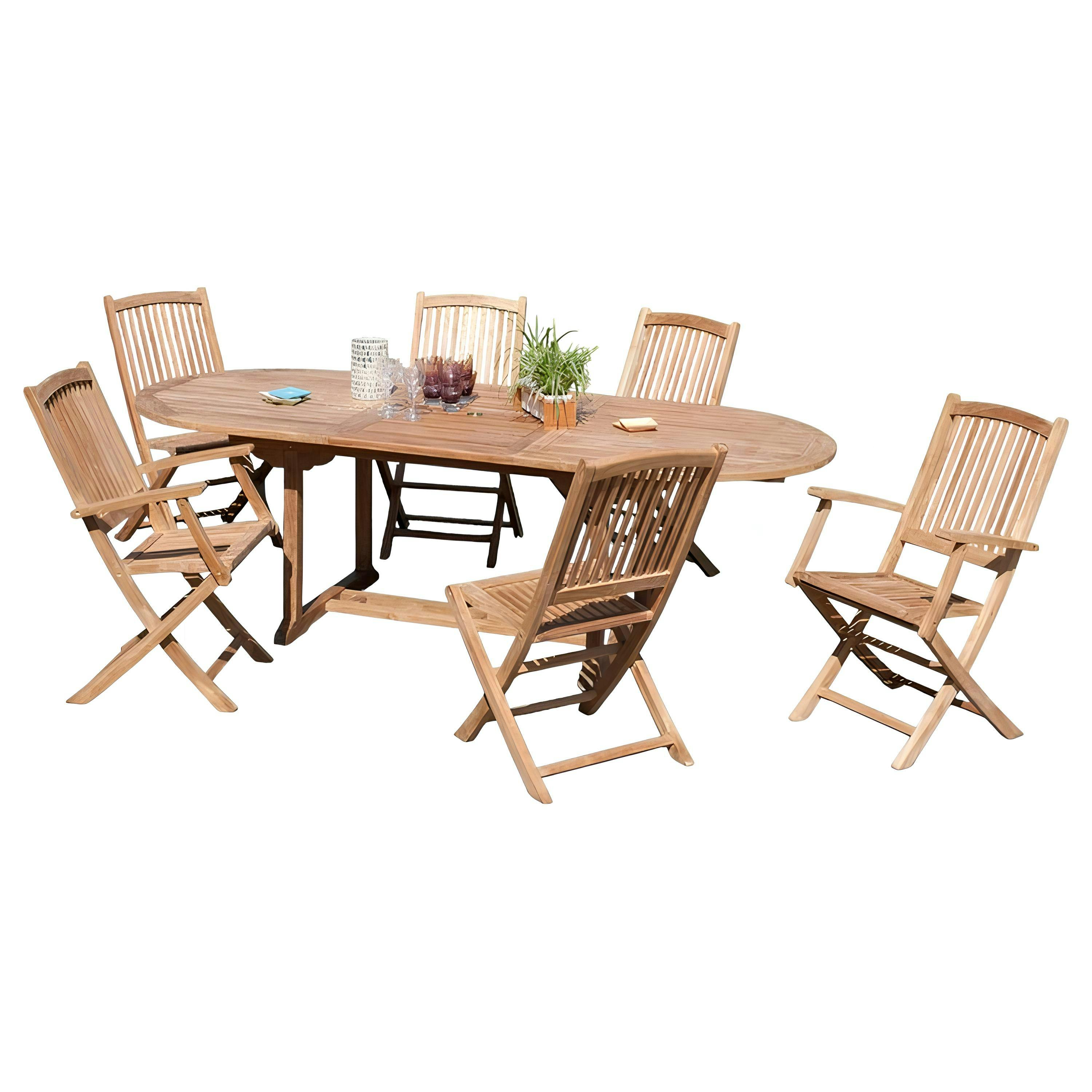 Salon de jardin table d'extérieur extensible ovale 200/240x100cm 4 chaises 2 fauteuils en bois de teck SUMMER, PIER IMPORT