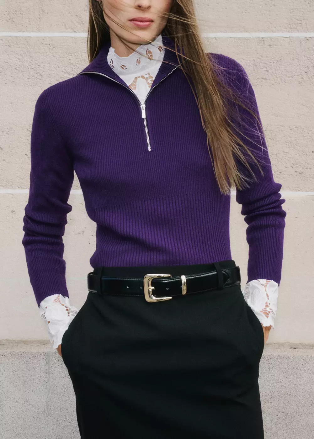 Pull-over zippé maille côtelée, MANGO