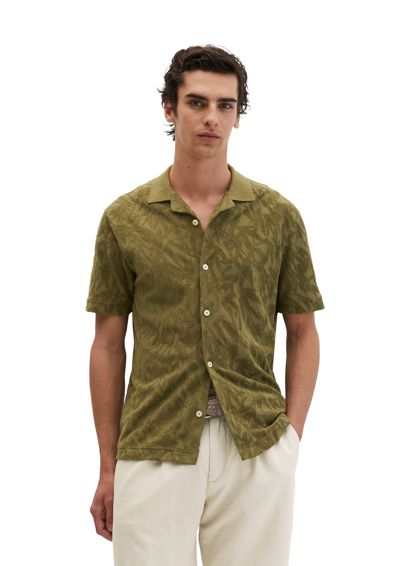 Tee-shirt en jersey DfC regular avec un doux motif de feuilles en éponge, MARC O'POLO