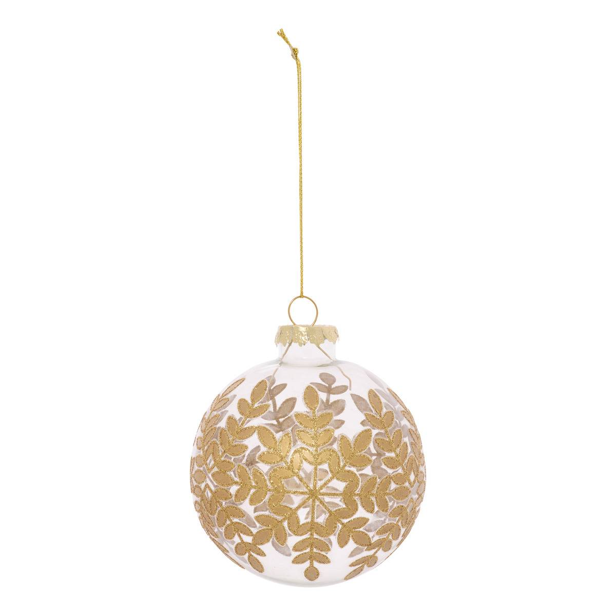 Boule de Noël en verre motif feuilles doré D. 80 mm, FEERIC LIGHTS & CHRISTMAS