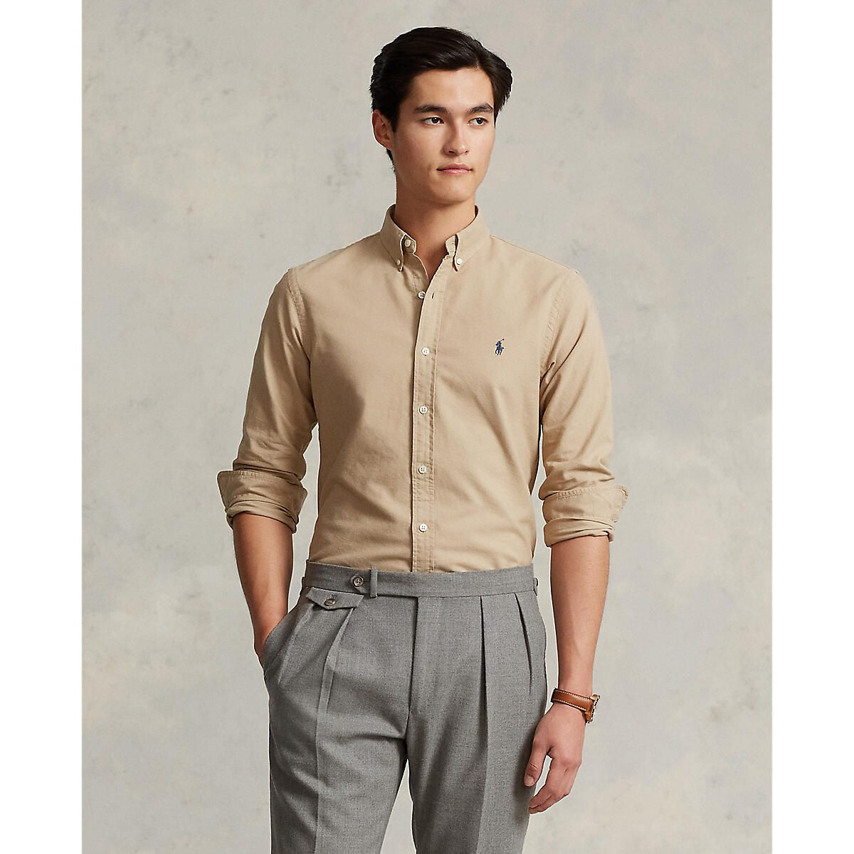 slim fit chino shirt in cotton with logo embroidery