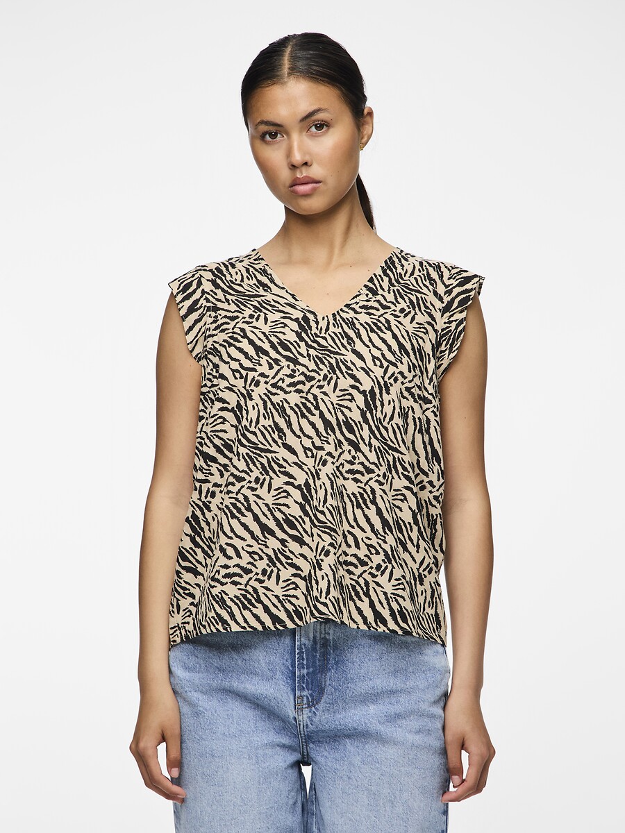 Blouse col v animalier, sans manches, PIECES