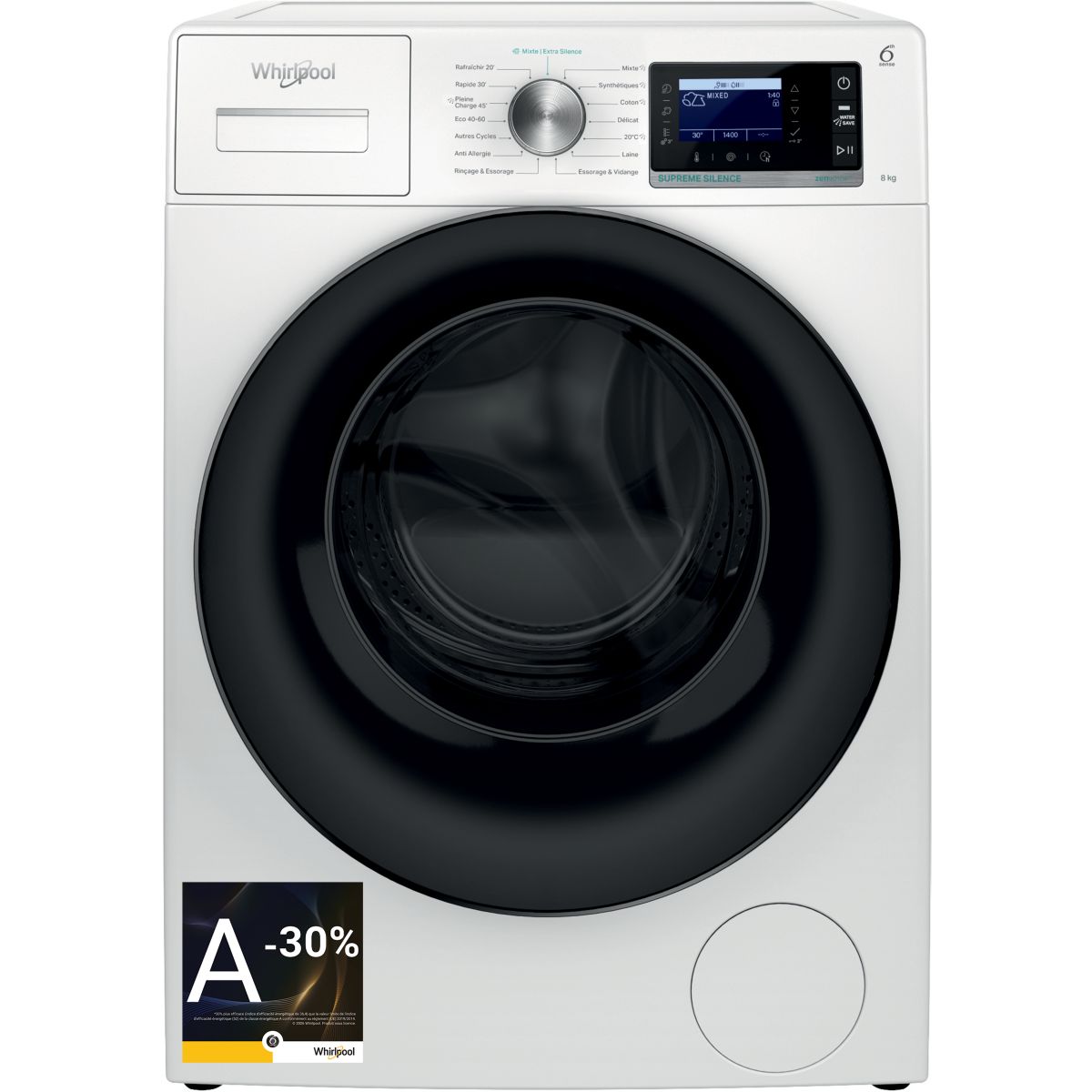 Lave linge hublot W7X89BSILENCEFR - 8 kg - 1400 tr/min - Classe A - Moteur induction direct drive, WHIRLPOOL