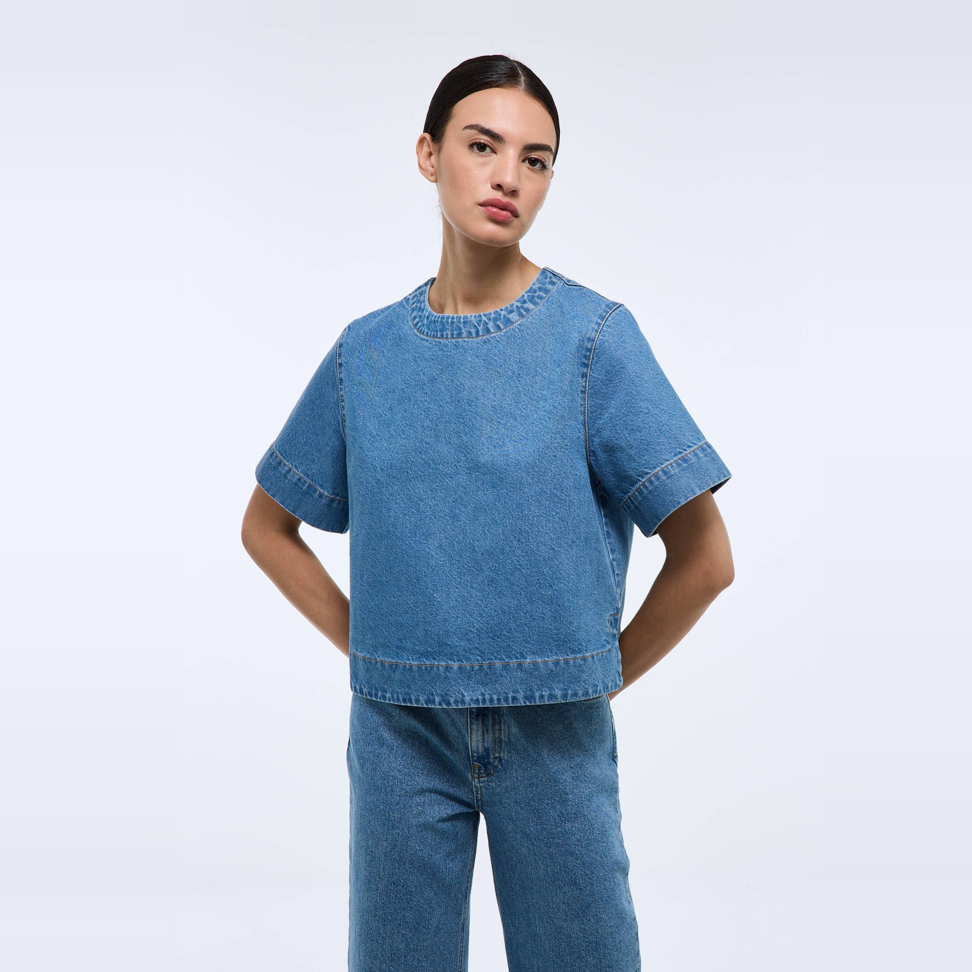 Top manches courtes détails dos en jean, MONOPRIX