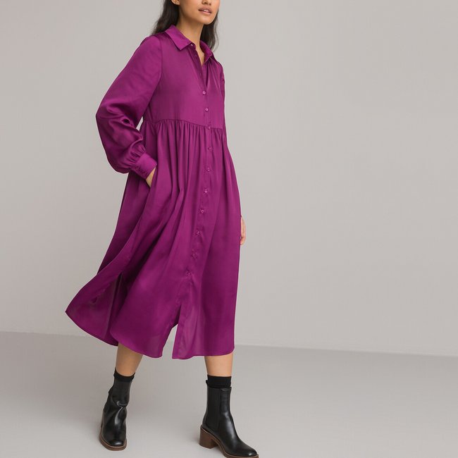 Vestido camisero largo, manga larga violeta ciruela <span itemprop=