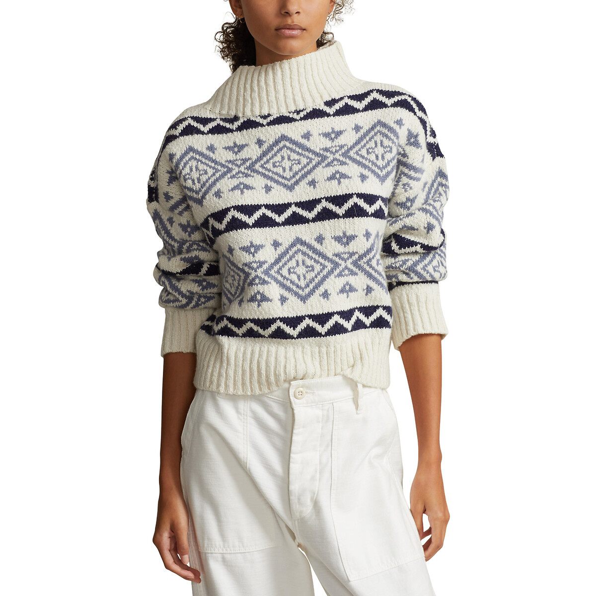 Cropped Jacquard Jumper in Wool Mix with Mock Neck