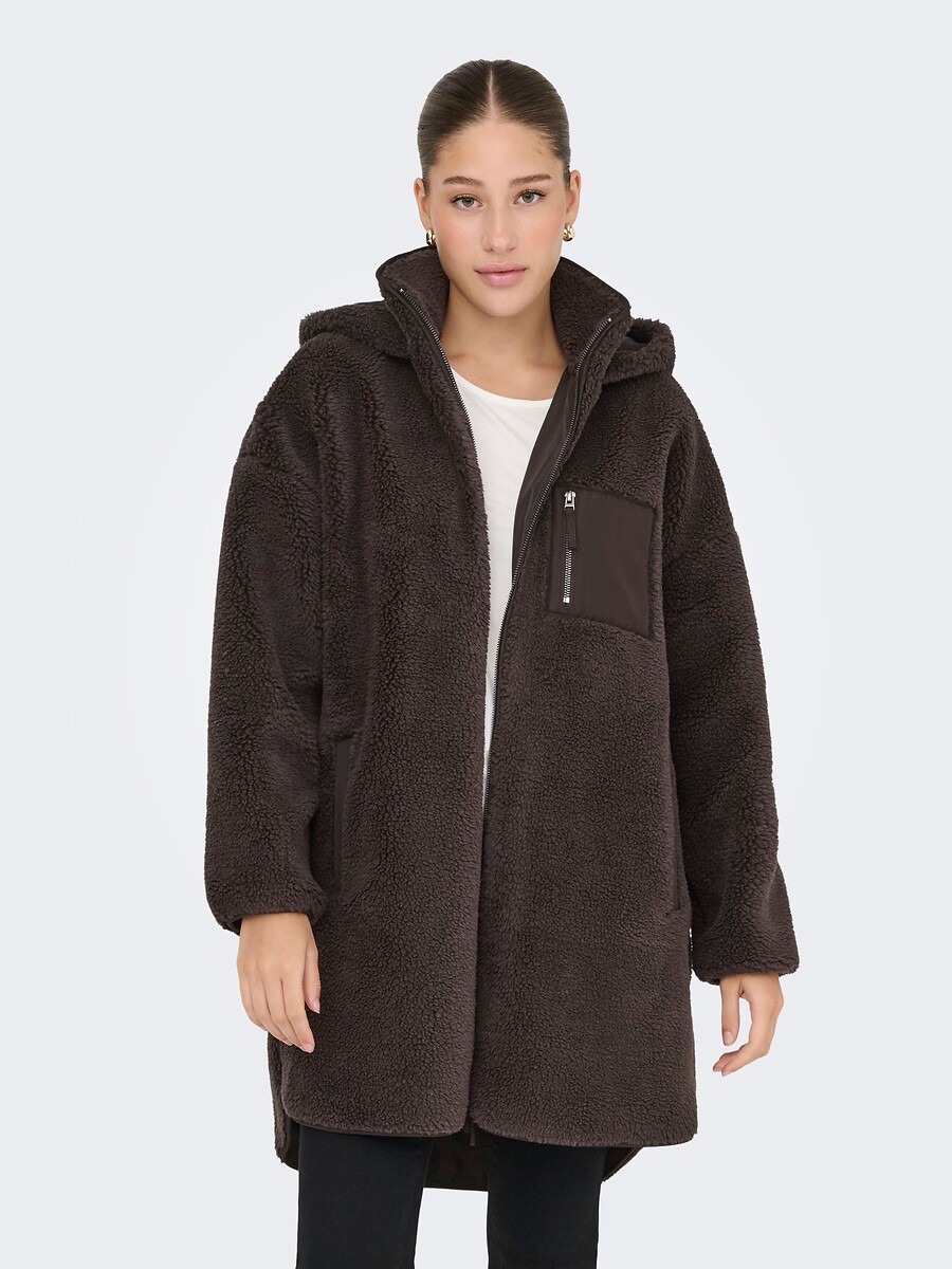 Halflange jas in sherpa, met rits en kap, ONLY