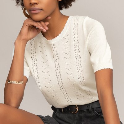 Recycled Cotton Mix Jumper in Fine Pointelle Knit with Short Sleeves LA REDOUTE COLLECTIONS